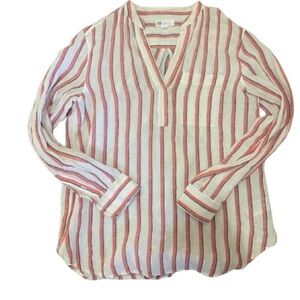 GAP White and Pink Striped Long-Sleeve V-Neck Blouse